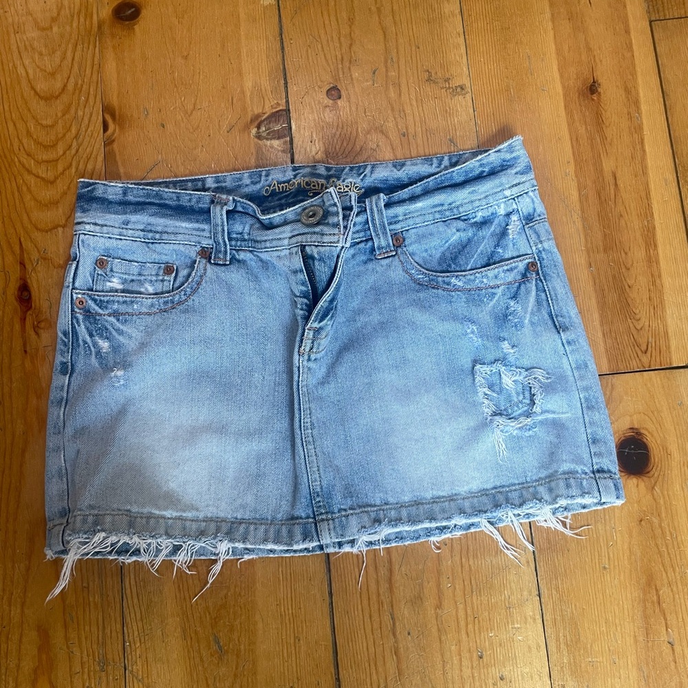 American Eagle Outfitters Distressed Light Blue Mini Skirt